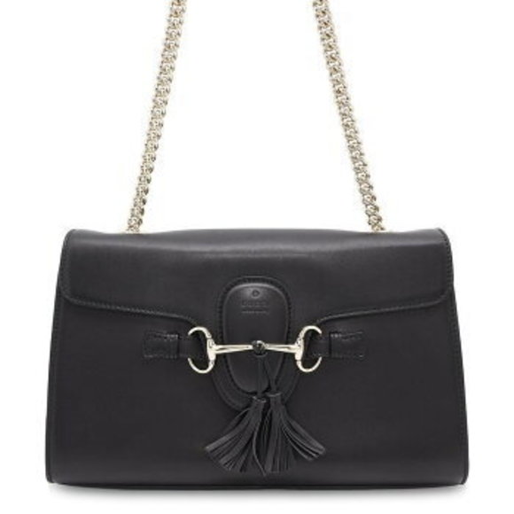 Gucci Emily Chain Shoulder Bag Leather GG Canvas Fringe Black - Picture 1 of 8